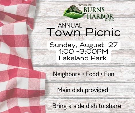 Burns Harbor Annual Town Picnic, Sun. Aug 27, 2023, 1-3 PM at Lakeland Park