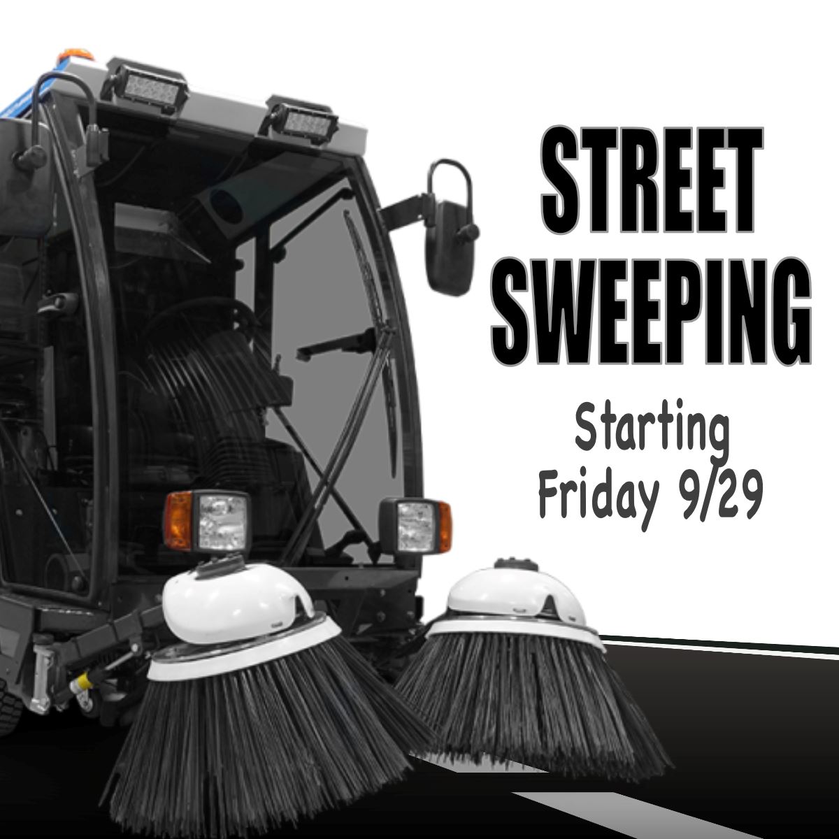 Photo of street sweeper. Street sweeping throughout Burns Harbor beginning September 29, 2023. 