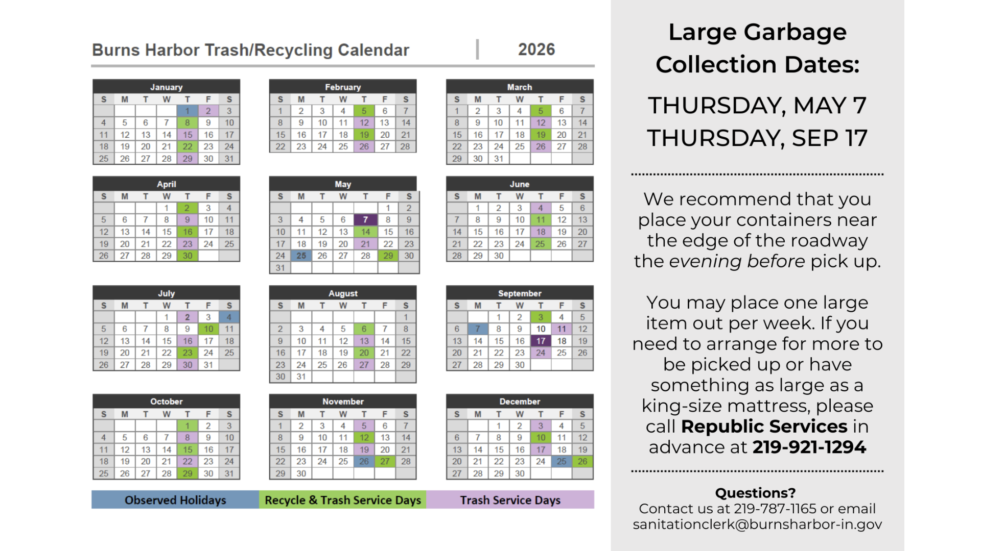 2026 Trash/Recycling Calendar